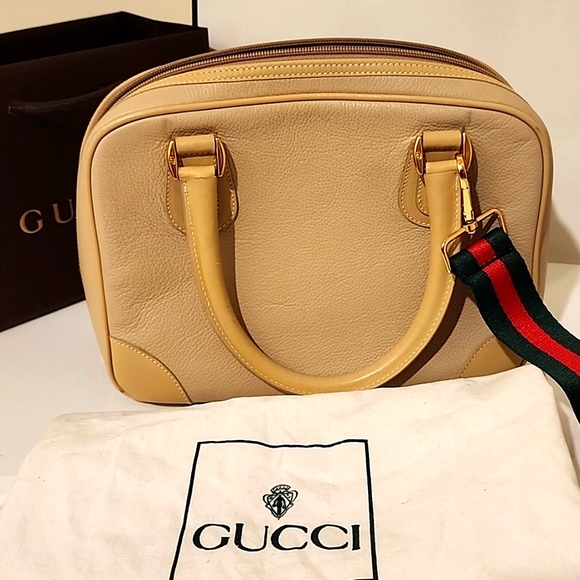 Rare! GUCCI Crossbody Satchel Boston Bag 2-Tone Beige Calfskin +Green Red Strap - Picture 15 of 16